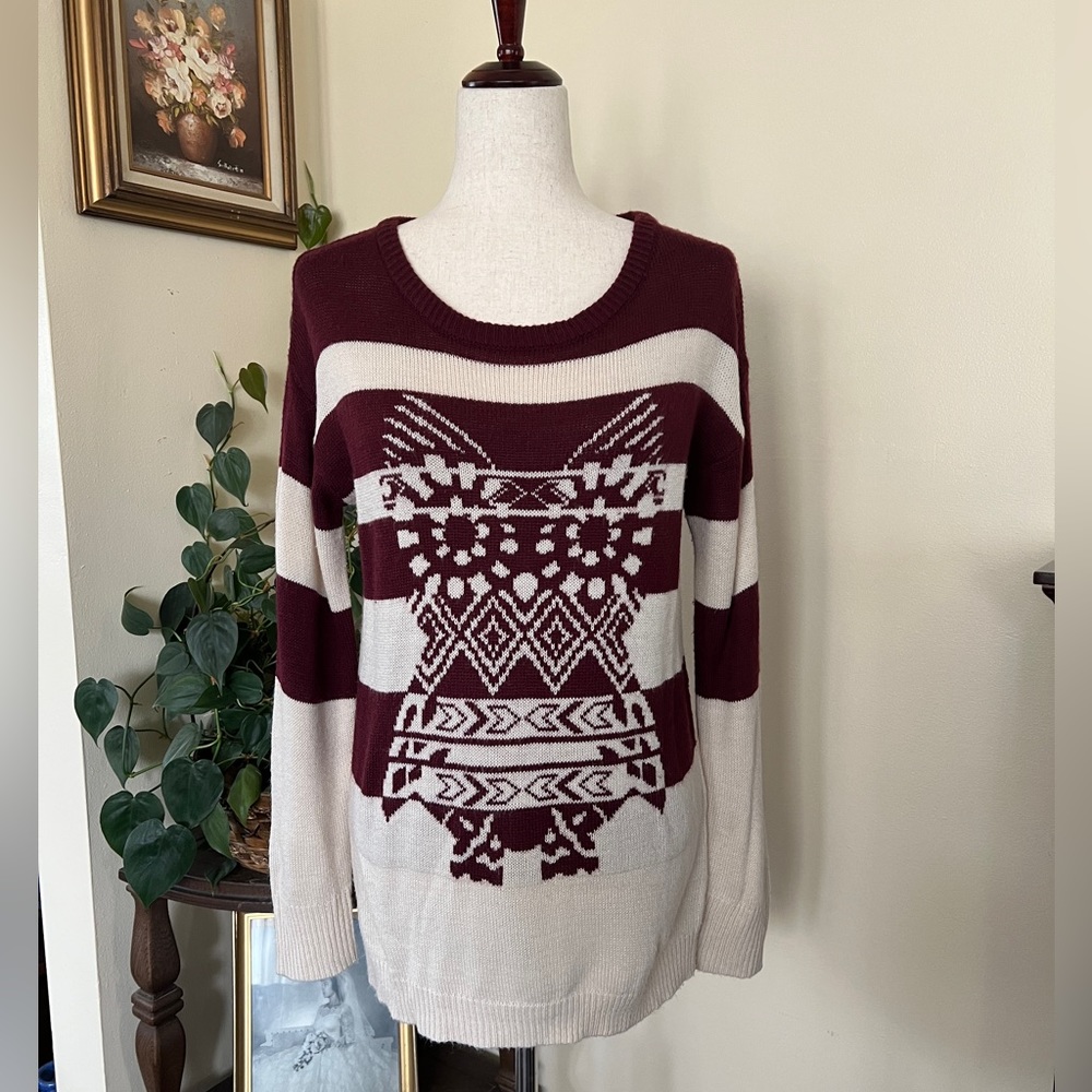 Pink Owl Burgundy Striped Owl Sweater Sz S